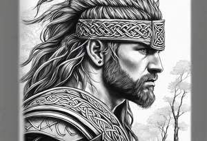 Celtic warrior facing left with trees I'm background tattoo idea