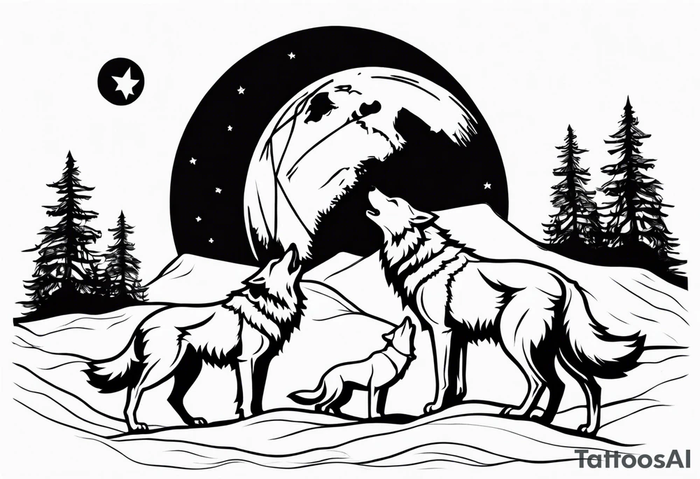 6 wolfs howling at moon tattoo idea