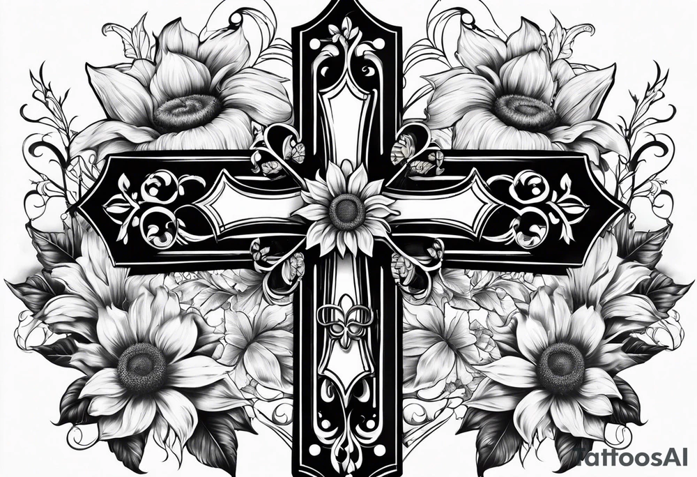 Winged cross with sunflower flowers and butterflies calf sleeve tattoo idea