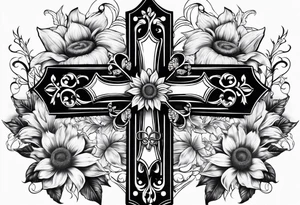 Winged cross with sunflower flowers and butterflies calf sleeve tattoo idea