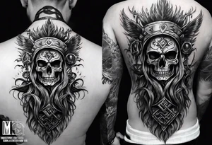 Un crâne assez hardcore avec une iroquoise sur le crâne style punk/métal avec des flammes derrière et avec 2 os qui forment une croix tattoo idea