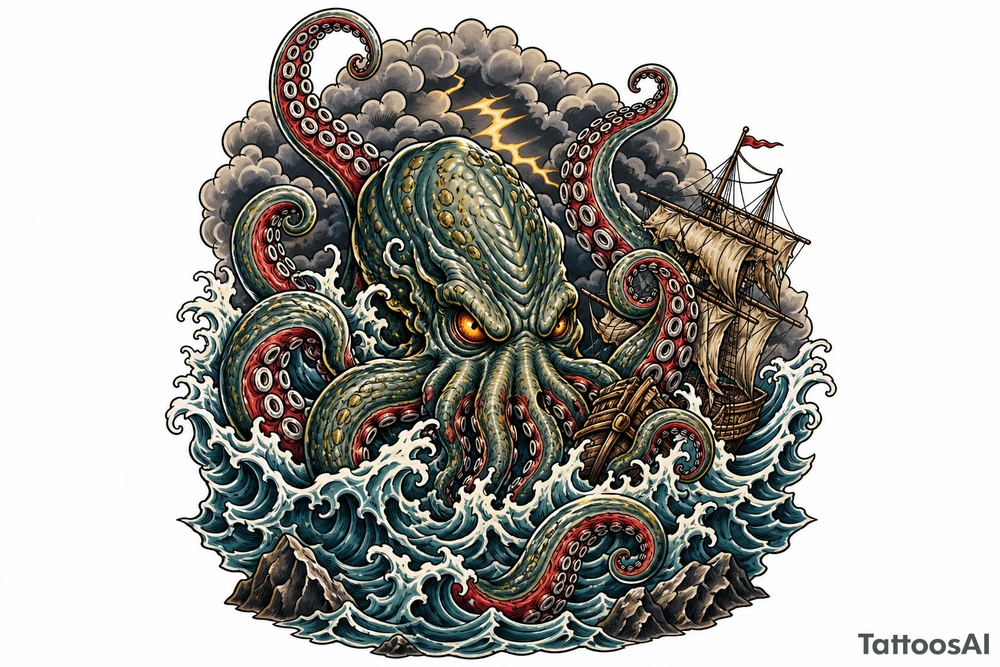 A powerful kraken-like water demon, tentacles emerging from stormy waves. tattoo idea