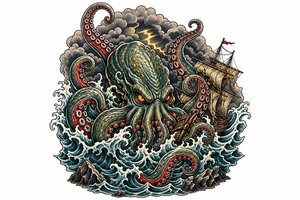 A powerful kraken-like water demon, tentacles emerging from stormy waves. tattoo idea