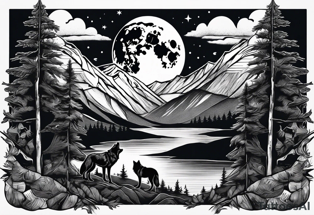 Half sleeve from shoulder
Peaks of mountains with a moon behind it
Dark woods below the mountains with a narrow trail with two wolves on bottom of the trails tattoo idea