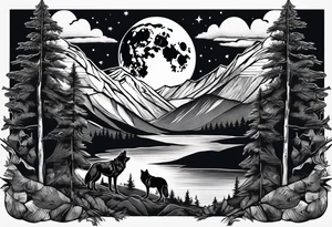 Half sleeve from shoulder
Peaks of mountains with a moon behind it
Dark woods below the mountains with a narrow trail with two wolves on bottom of the trails tattoo idea