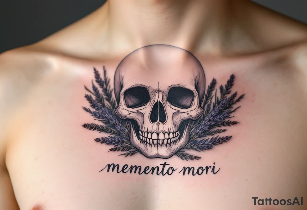 A pale skull surrounded by dried lavender and "memento mori" delicately scripted in soft gray beneath it tattoo idea