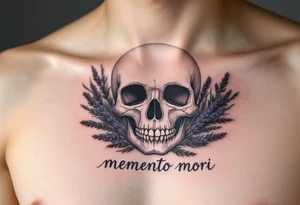 A pale skull surrounded by dried lavender and "memento mori" delicately scripted in soft gray beneath it tattoo idea