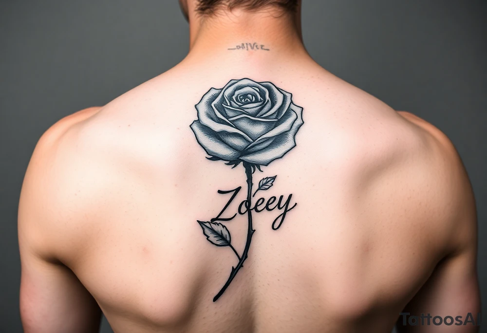 Arm tattoo with a rose and the name Zoey in cursive for the stem tattoo idea