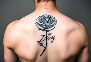 Arm tattoo with a rose and the name Zoey in cursive for the stem tattoo idea