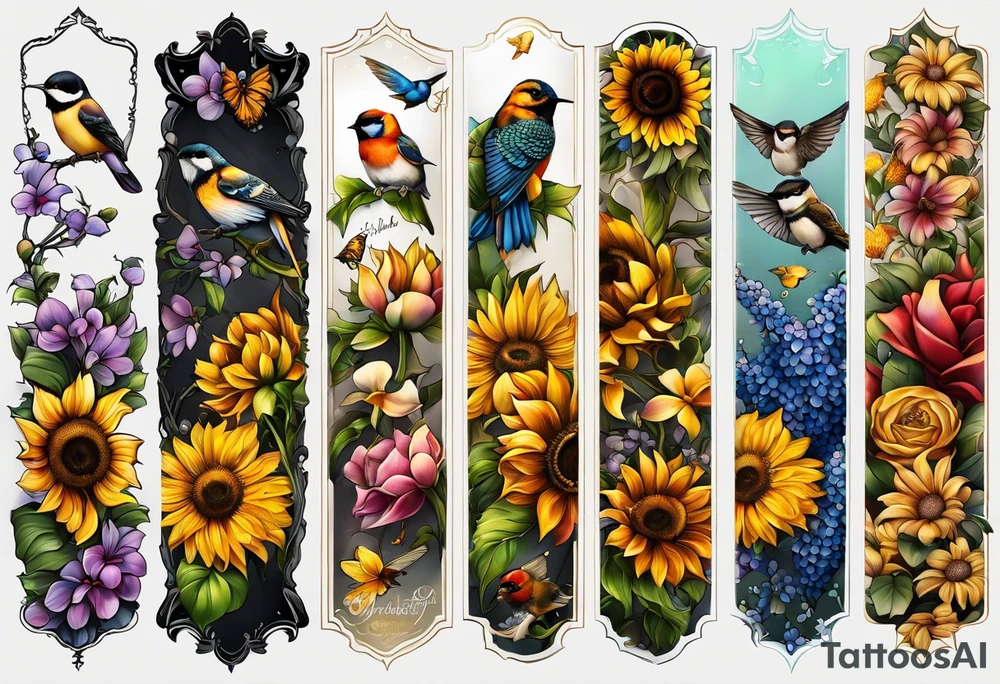 A lower forearm sleeve full colour coming down from a bicep with flowers joined with honeycombs, Mandela flowers, sunflowers, chickadee bird, humming bird, and owl.  Sweet pea and honey suckle flowers. tattoo idea