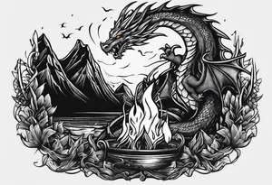 Campfire with a flame. The flame transforming into a dragon. Also the fire writes 'may death find you alive'. tattoo idea