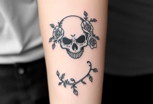 gothic skull intertwined with climbing roses and thorny vines tattoo idea
