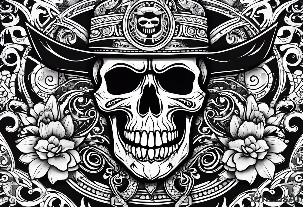 A cartoon pirate skull and around the skull tribal maori lines and figures tattoo idea