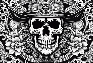 A cartoon pirate skull and around the skull tribal maori lines and figures tattoo idea