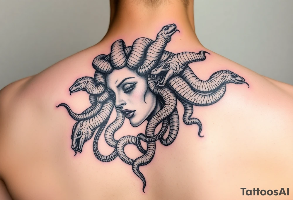 Side portrait of Medusa with snakes heads tattoo idea