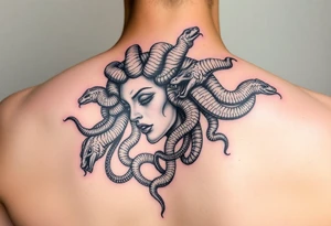 Side portrait of Medusa with snakes heads tattoo idea