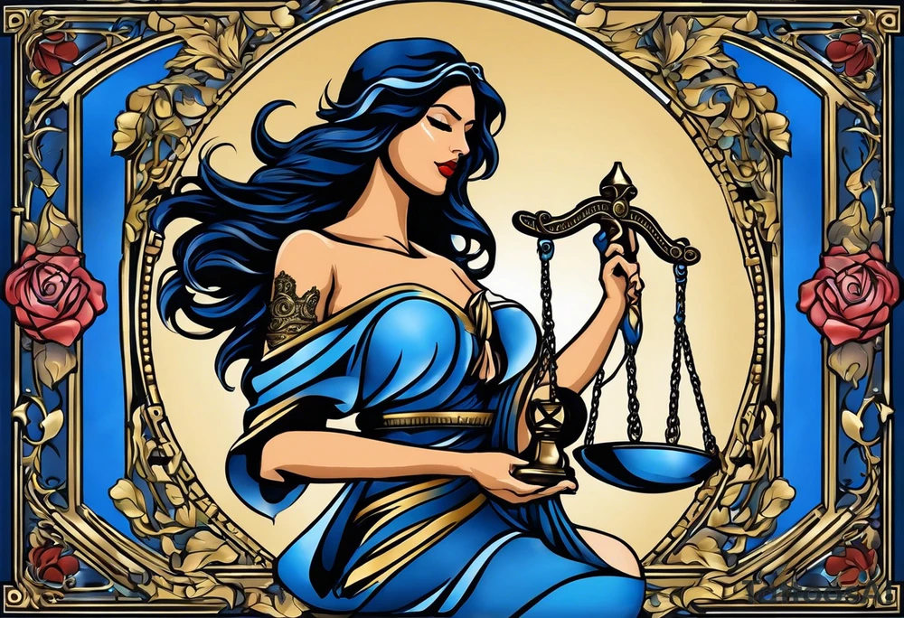 Lady Justice, 
Blindfold:
Scales: 
 Lady Justice is shown with black hair, which is a unique artistic choice compared to the more traditional representations. The scales, blindfold, and sword are all present, adhering to the classic iconography but with a modern and colorful twist. blue roses frames, background blue,present it in a tattoo tattoo idea