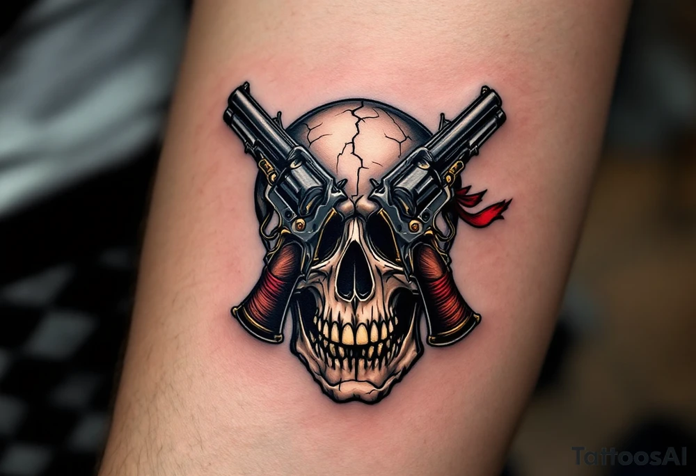 Crossed Flintlocks – Two ornate black and silver flintlock pistols, crossed over a cracked pirate skull, with wisps of gunpowder smoke curling from the barrels. A red sash is tied around one grip, hinting at a pirate’s last stand. tattoo idea