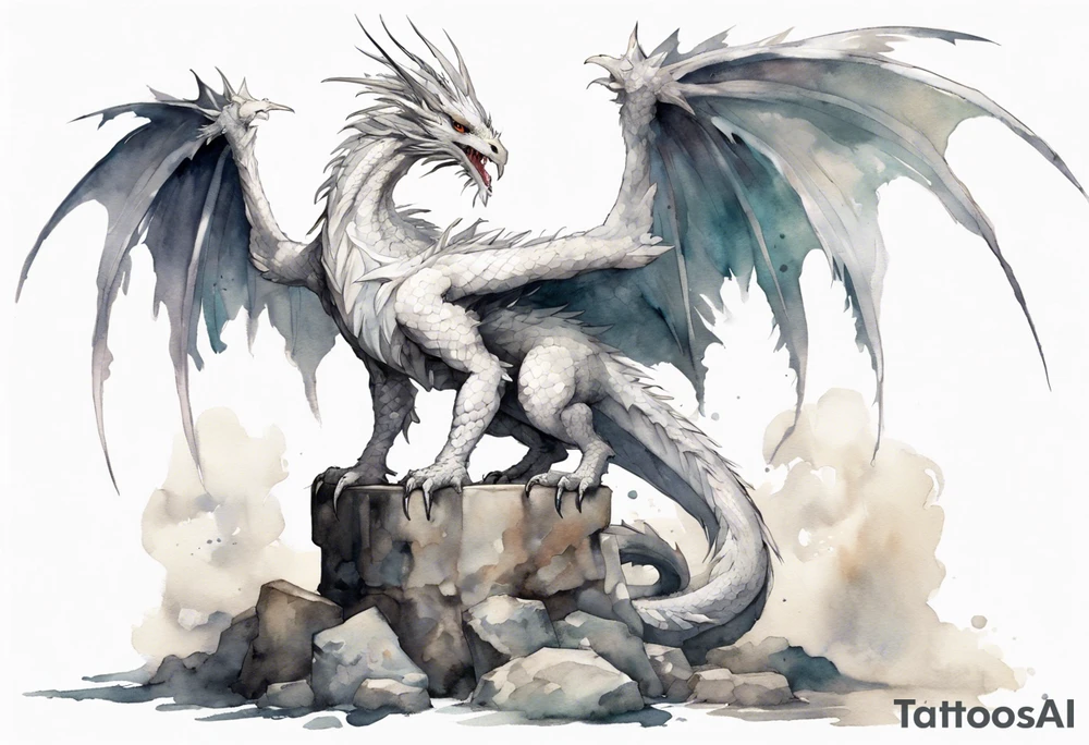 a white feathered bird-like dragon wearing a plain iron diadem, standing on a stone throne tattoo idea