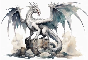 a white feathered bird-like dragon wearing a plain iron diadem, standing on a stone throne tattoo idea