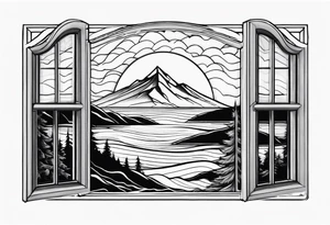 a rhombus shaped window with waves crashing on a mountain and tress. 3 stars are in the sky tattoo idea