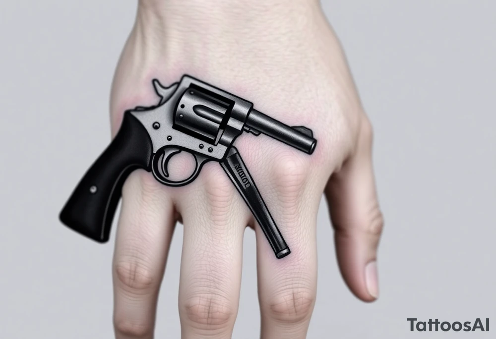 Revolver .45 caliber elegant but simple art work on gun. With barrel being pointer finger and but of gun near wrist. tattoo idea