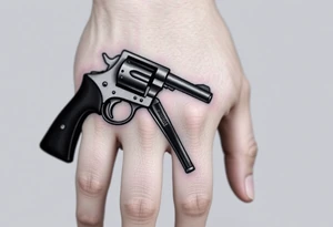 Revolver .45 caliber elegant but simple art work on gun. With barrel being pointer finger and but of gun near wrist. tattoo idea