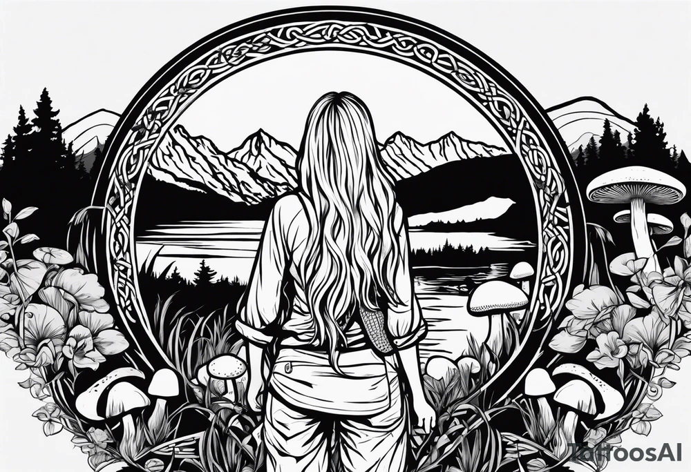 Whole picture encircled fully

Straight long blonde hair hippie girl in distance holding mushrooms in hand facing away toward mountains and creek surrounded by mushrooms long sleeve shirt and hiking pants; whole rendering within a full celtic circle border, no cut off circle tattoo idea