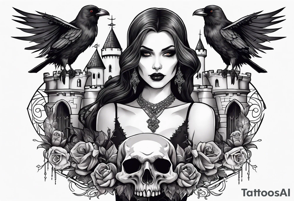 Sexy vampire holding skulls and crow with castle tattoo idea