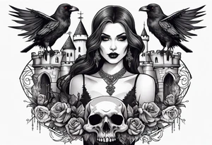 Sexy vampire holding skulls and crow with castle tattoo idea