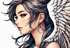 girl angel side profile, with wings, with floating halo, anime style tattoo idea