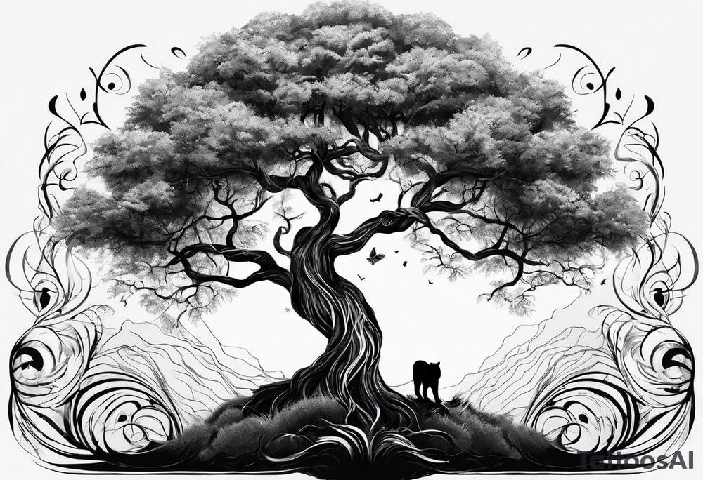 Tree of life with the roots going into a tigers stripes tattoo idea