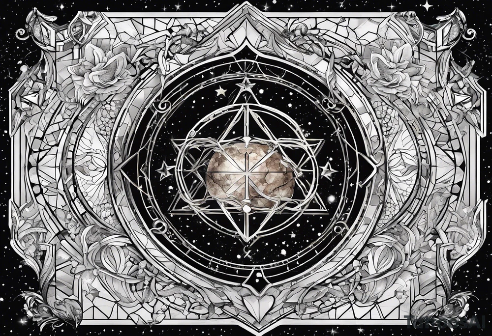 Matter, energy, space and time with an old stone theta symbol with stars in the background and Scorpio constellation tattoo idea