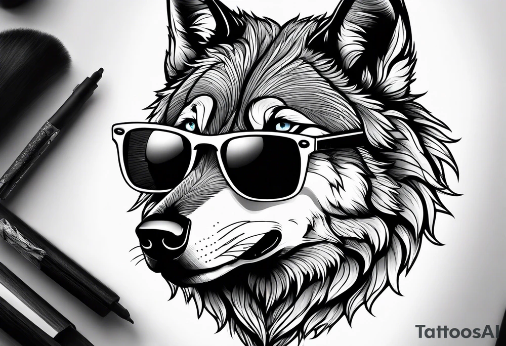 Badass wolf wearing sunglasses tattoo idea