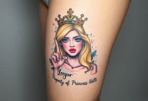 powerful blond findomme princess with crown on, making an “L” for loser with look of disgust on her face being pathetic with caption “Property of Princess Natti” tattoo idea