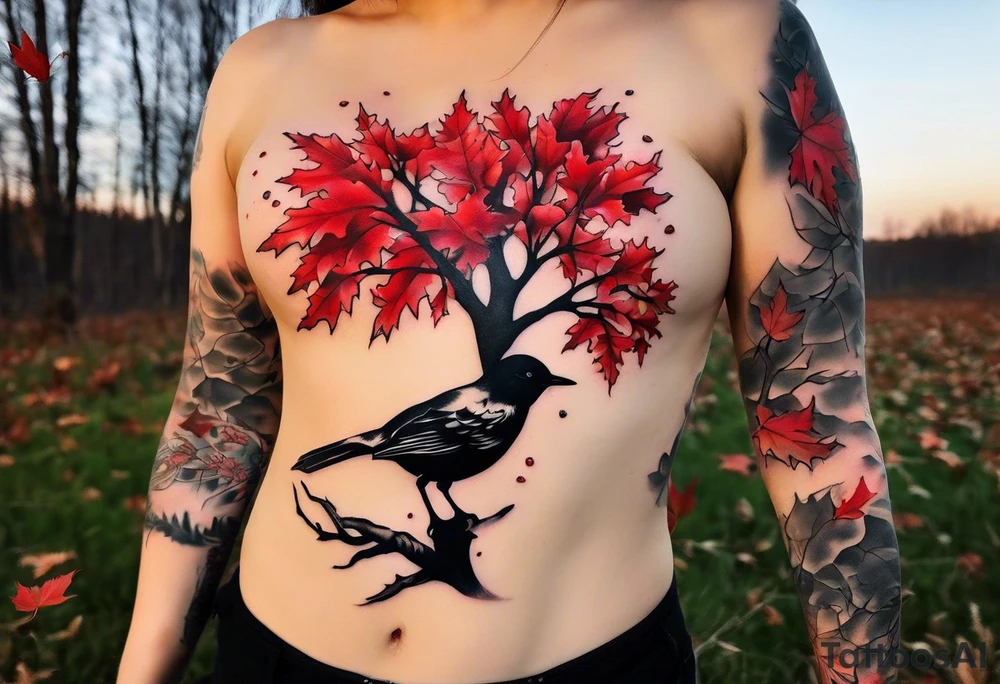 trash polka style. Arm tattoo. chest tattoo. Long tattoo. large tattoo. Full sleeve. Shoulder. A single large maple tree with red autumn leaves that branches upwards from wrist to shoulder. White-throated dipper bird on the trees branches. Calluna flowers at the base of the trees stem. Red/yellow sunset behind the trees stem. Leaves falling. tattoo idea
