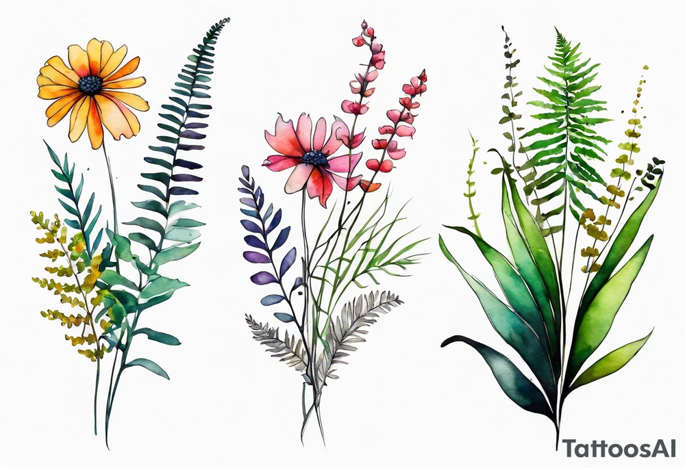Multi colored wild flowers long stems bouquet with ferns all watercolor tattoo idea