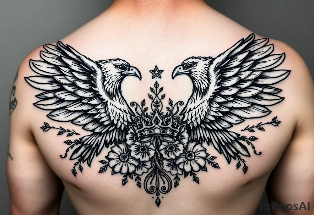 Chest tattoo,powerful two symetrical majestic eagles, surrounded by floral ornaments and lure, between eagles a crown tattoo idea