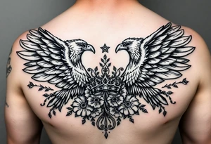 Chest tattoo,powerful two symetrical majestic eagles, surrounded by floral ornaments and lure, between eagles a crown tattoo idea
