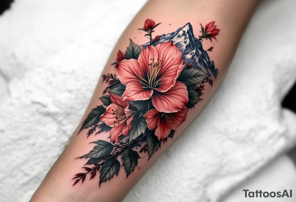 red  and black rhododendron trippy with Himalayas behind tattoo idea