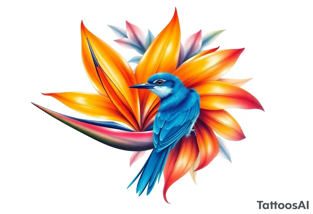 Bird of paradise flower with blue bird tattoo idea