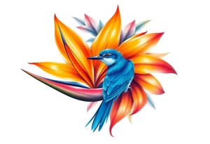 Bird of paradise flower with blue bird tattoo idea