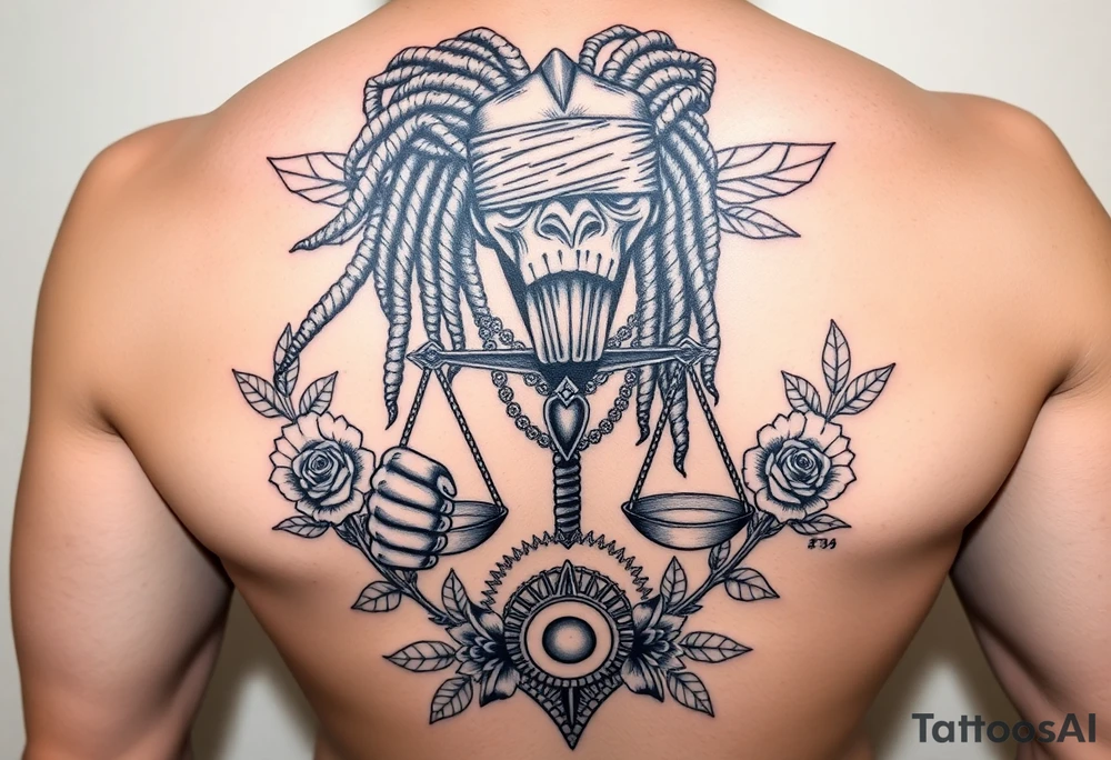 Slyph with dreads wearing blind fold and ankh pendant with tattoos holding weighing scales with the sun and moon rose vines surrounding and Anubis guarding tattoo idea
