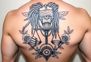 Slyph with dreads wearing blind fold and ankh pendant with tattoos holding weighing scales with the sun and moon rose vines surrounding and Anubis guarding tattoo idea