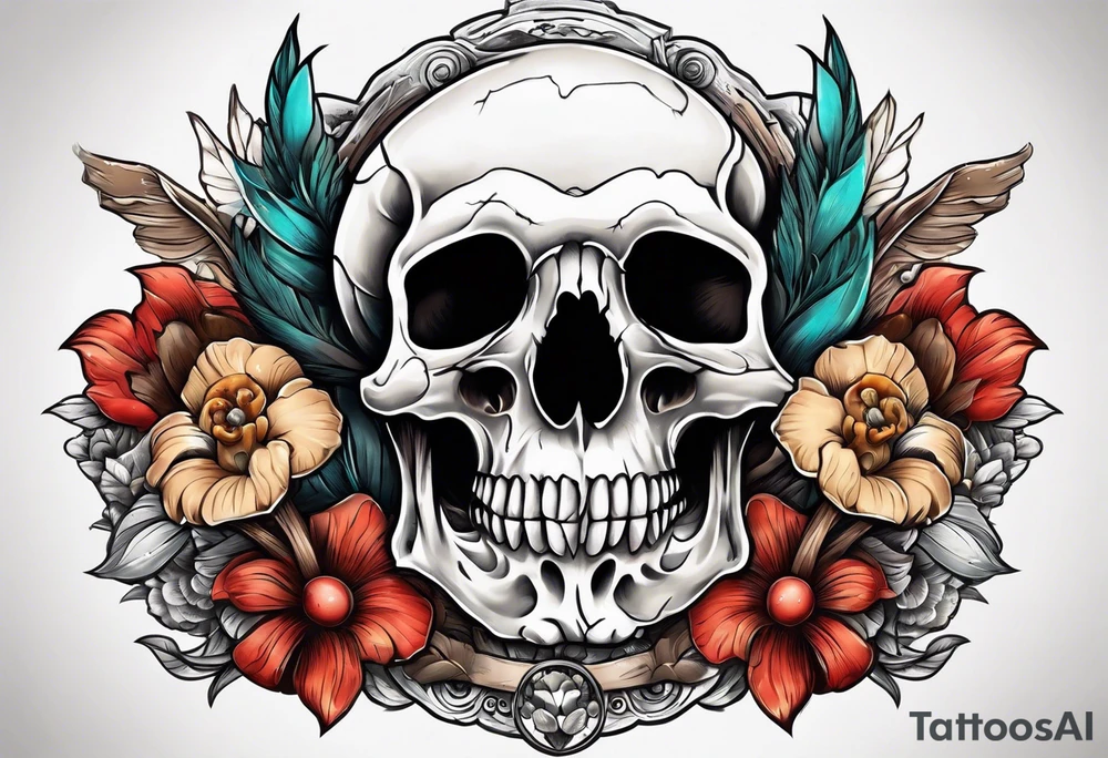 Bird skull with mushrooms and nature in the background tattoo idea