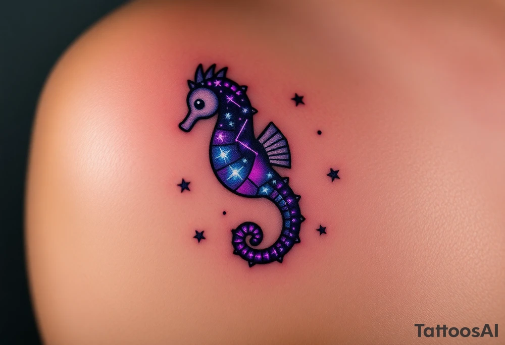 A celestial seahorse floating among the stars, its body made of constellations glowing in purples and silvers. tattoo idea
