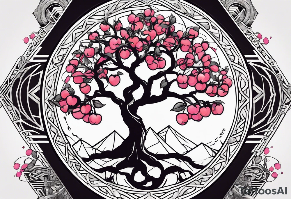 yggdrasil, five or six cherry tree flower on the upper left, the logo of tommorowland, and on the background a geometrical shape tattoo idea