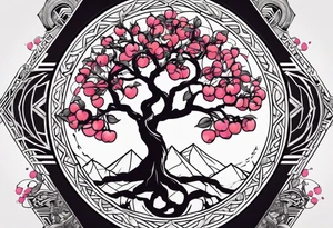 yggdrasil, five or six cherry tree flower on the upper left, the logo of tommorowland, and on the background a geometrical shape tattoo idea