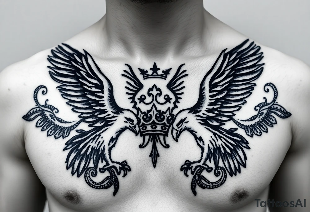 Chest tattoo,powerful two symetricalmajestic darks eagles, surrounded by lure ornaments , between eagles a crown tattoo idea