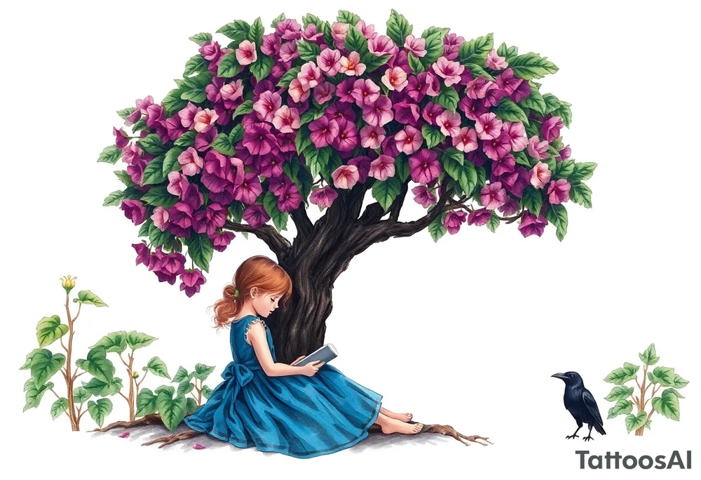 A tree of Impatiens walleriana, a little girl wearing a blue dress sitting under it while reading. A small raven watching her.


. tattoo idea